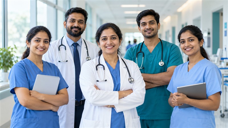 Healthcare professionals working together in a hospital